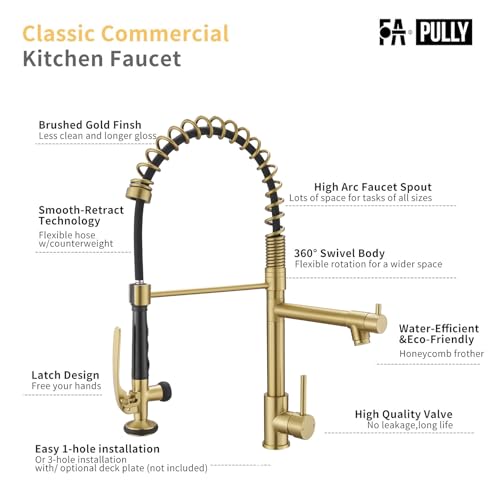 Commercial Brushed Gold Kitchen Faucet with Pull Down Sprayer (Brushed Gold)