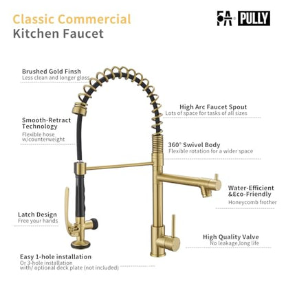 Commercial Brushed Gold Kitchen Faucet with Pull Down Sprayer (Brushed Gold)