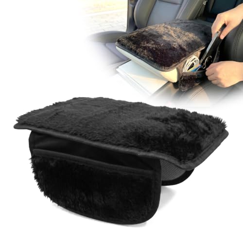 Plush Fuzzy Fur Car Armrest Cover with Side Pockets
