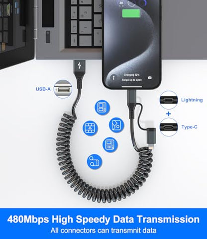 USB to USB C and Lightning Cable Support Apple Carplay & Android Auto (Black)