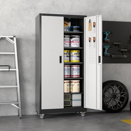 Garage Storage Cabinet with Pegboard (Black&silver / 18"D x 34"W x 71"H)