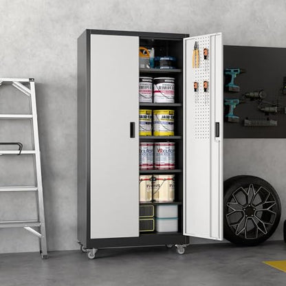 Garage Storage Cabinet with Pegboard (Black&silver / 18"D x 34"W x 71"H)