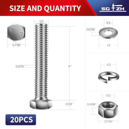 1/2-13 x 4 Hex Head Screw Bolt, Nuts, Flat & Lock Washers, 20Pcs 18-8 (304) Stainless Steel, Fully Threaded, by SG TZH (1/2-13 x 4" / Silver)