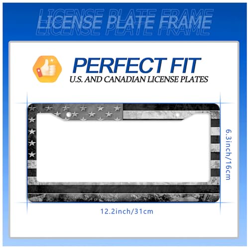 Grey Black American License Plate Frame Stainless Steel Holder 12.3" x 6.3" (Grey Black American Flag USA Flag)