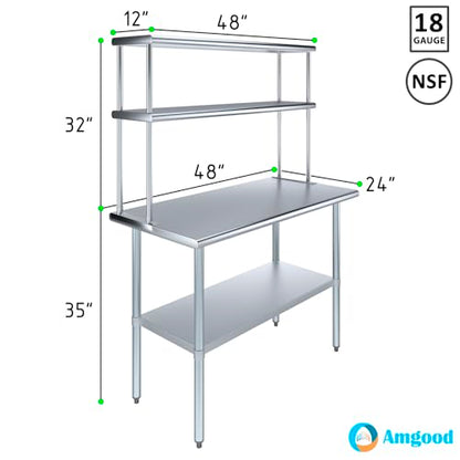 Stainless Steel Work Table Wide Double Tier Overshelf (24" x 48" Work Table + 12" Overshelf)