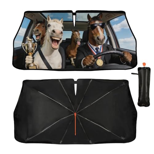 Horse Car Windshield Sun Shade Umbrella Bendable Handle Foldable Funny Horse Animal Driving Sunshade for Car Windshield Block UV Rays Keep Vehicle Cool for Most Sedans SUV Trucks 57"x30" (147*75cm,33*11cm / Funny Horses)