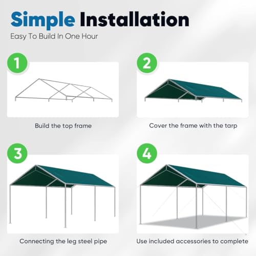 10x20 ft Heavy Duty Car Canopy Galvanized Frame Carport Outdoor Party Tent Boat Shelter with 3 Reinforced Steel Cables (Green / 10'x20')