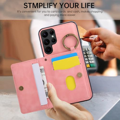 Compatible with Samsung Galaxy S22 Ultra 5G Wallet Case and Screen Protector Crossbody Shoulder Strap Stand Card Holder Magnetic Car Mount Phone Cover for S22ultra 22S S 22 S22ultra5g Women Men Pink (Rose Gold / for S22 Ultra)