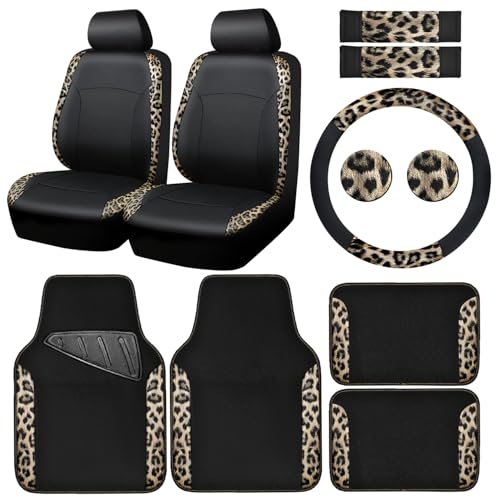 Leopard Print Faux Leather Car Seat Covers & Leopard Car Mats&Leopard Steering Wheel Cover Seat Belt Universal Car Accessories for SUV (Leopard Gold combo)