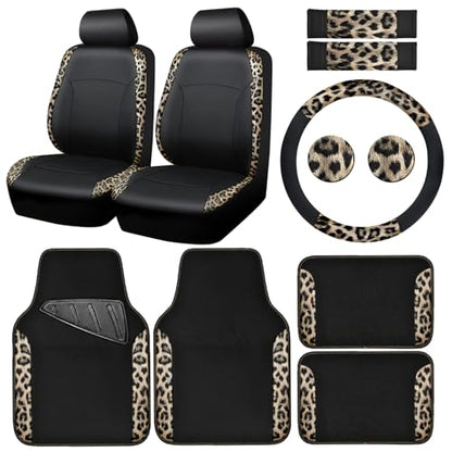 Leopard Print Faux Leather Car Seat Covers & Leopard Car Mats&Leopard Steering Wheel Cover Seat Belt Universal Car Accessories for SUV (Leopard Gold combo)