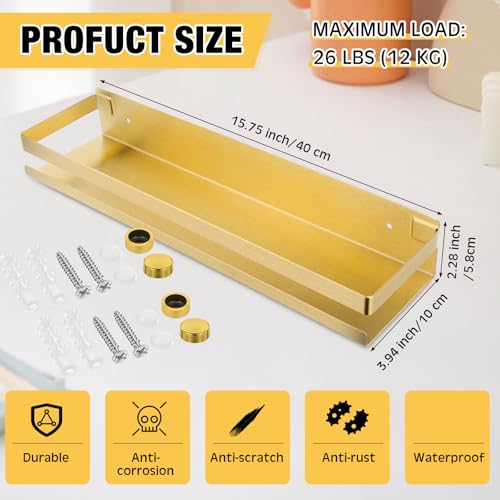 2 Pieces Stainless Steel Shelf Bathroom Shower Floating Shelves Wall Mounted Shower Caddy Basket Shelf Storage Organizer Shelves for Bathroom (15.75 Inch/ 40 cm / Gold)