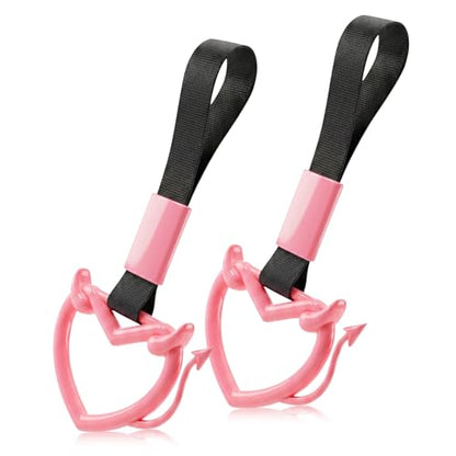 2 Pcs Devil Heart Shaped Car Handle Strap (Pink-Tail)