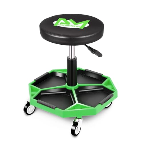 Adjustable Height Pneumatic Garage Seat Rolling Mechanic Stool with Tool Tray Storage (Green)