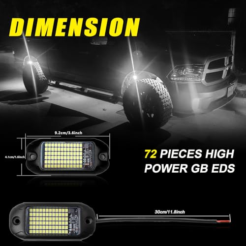 4Pods Pure White 72 LEDs SMD Chips 72w High Power Rock Lights Super Bright White Offroad Car Boat Underglow Lights IP68 Waterproof for Truck SUV UTV ATV RZR (Pure white rock lights - 4 pack)