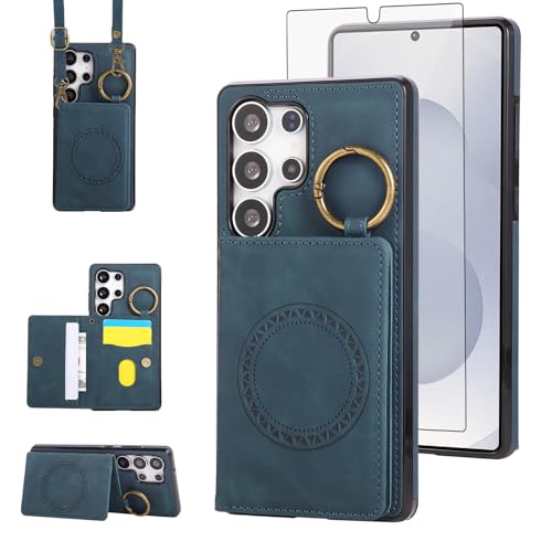 Compatible with Samsung Galaxy S26 Ultra 5G Wallet Case and Screen Protector Crossbody Shoulder Strap Ring Buckle Stand Card Holder Magnetic Car Mount Phone Cover for S26Ultra 26S S 26 26Ultra Green (Green / for S26 Ultra)
