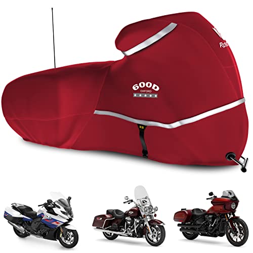 Motorcycle Cover with Side Box Heavy Duty 600D Waterproof for Touring Models Harley Davidson Road King (Red / Side Box)
