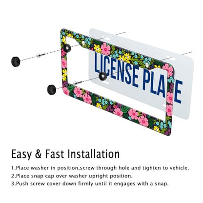 Pink Wildflowers License Plate Frame for Women Cute Colorful Flowers License Plate Holder Frame Girly Floral Car tag Frame Metal Aluminum Rustproof Decorative Car Accesories with Screws (Pink flowers)