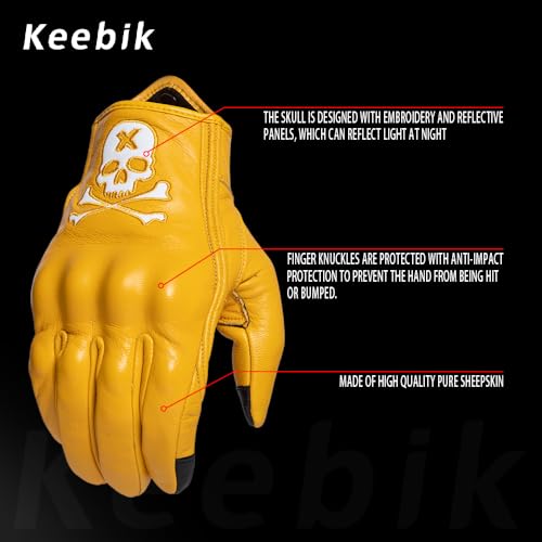 Goatskin Leather Motorcycle Motorbike Powersports Racing Gloves Reflective Skull Touchscreen for Men and Women Model (HEE6 / Medium)