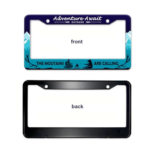 Adventure Await License Plate Frame Mountains Forest Bear License Plate Holder Metal Aluminum Rustproof Hiking Camping Car Tag Frame Auto Accessories Decoration for Women Men (Adventure -Blue)