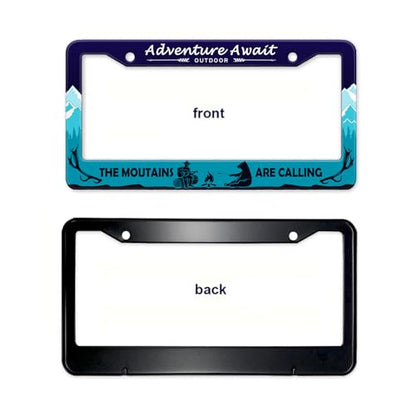 Adventure Await License Plate Frame Mountains Forest Bear License Plate Holder Metal Aluminum Rustproof Hiking Camping Car Tag Frame Auto Accessories Decoration for Women Men (Adventure -Blue)