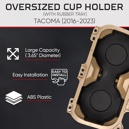 Oversize Cup Holder with Tray Compatible with Toyota Tacoma 2016 (Quicksand / With Rubber Tray)