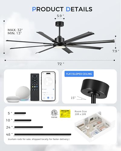 72 Inch Large Ceiling Fan with Light (Matte Black / 72 Inch)