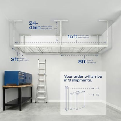 MonsterRax 2 Pack 3x8 Overhead Garage Storage Rack (White / 24"-45" (2 Pack))