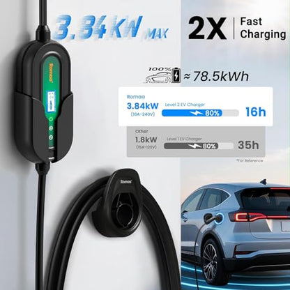 Level 1 EV Charger 16 Amp Portable J1772 Charging Cord 240V 25ft Cable (16)