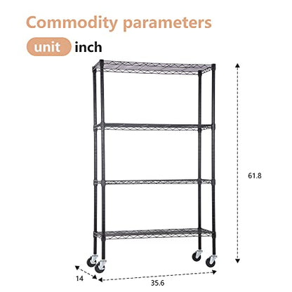 4 Tier Wire Shelf with Wheels (Black / 36"D x 14"W x 62"H)