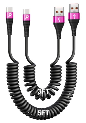 Coiled USB A to USB C Cable for Car (3FT/5FT / USB A to USB C / Rose Red)