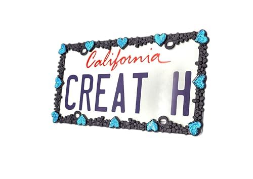 3D Shining Daisy Heart License Plate Frame from Pure Zinc Alloy Metal Perfect Plate Holder (Matt Black with Blue Glitter, Luminously Heart)
