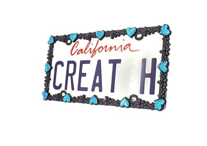 3D Shining Daisy Heart License Plate Frame from Pure Zinc Alloy Metal Perfect Plate Holder (Matt Black with Blue Glitter, Luminously Heart)