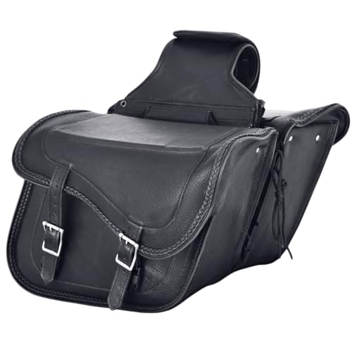 Naked Cowhide Leather Motorcycle Saddle Bags Studded Throw Over Saddlebags (Black 26L No Studs & Braided)