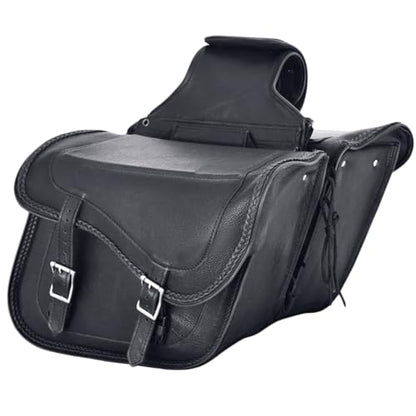 Naked Cowhide Leather Motorcycle Saddle Bags Studded Throw Over Saddlebags (Black 26L No Studs & Braided)