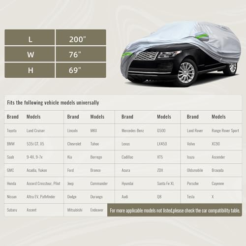 6 Layers Premium Full Car Cover Hard Shell Zipper Design Waterproof All Weather Weatherproof UV Sun Protection Snow Dust Storm Resistant Outdoor with Straps (Green reflective strip / SUV-XL ( Fit for SUV 191"- 200" ))