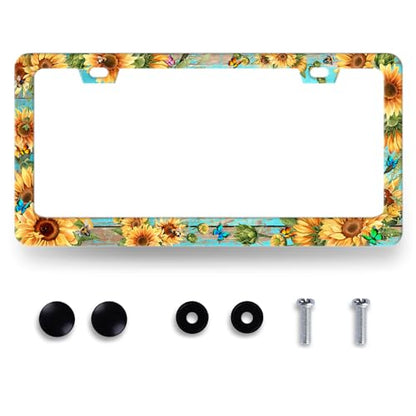 Butterfly Sunflower License Plate Frame Floral Flowers License Plate Holder (Sunflowers With Butterfly In Wood)