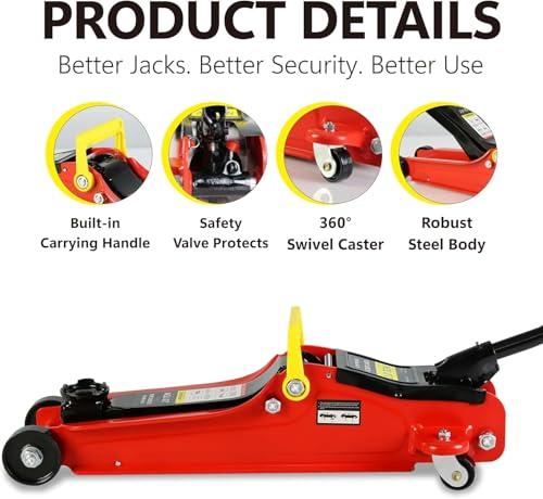 2 Ton Low Profile Floor Jack (Red - 2 Ton(Single Pump), Lift 3.3"-15.2")