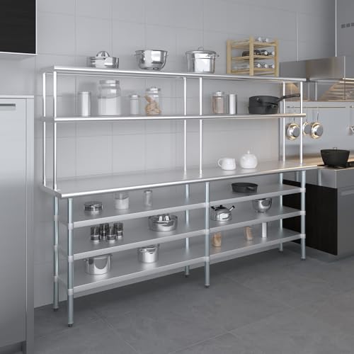 18" x 96" Stainless Steel Work Table with 3 Shelves and 12" Wide Double Tier Overshelf (18" x 96" Table with 3 Shelves + 12" Overshelf)