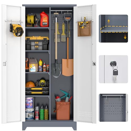 72'' Metal Utility Storage Cabinet with Pegboard & Tool Hanging Bars (Gray&white / 72.8"H Broom Cabinet)
