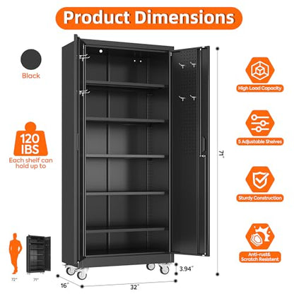 71" Metal Garage Storage Cabinet with Wheels (Black / 16"D x 32"W x 71"H)