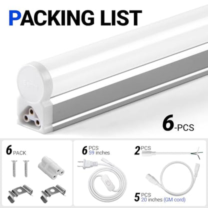 6 Pack LED T5 Integrated Single Fixture (6500k Super Bright White / 4 Feet-6 Power Cords)