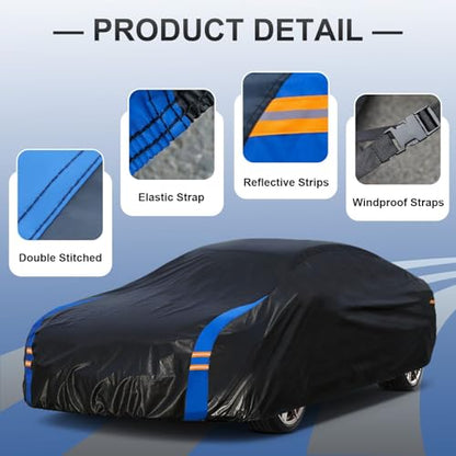 Car Cover Waterproof All Weather for Automobiles (Black-Blue / 2 Fit Sedan/Coupe-Length 186-193 inch)