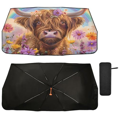 Car Front Windshield Sunshade (Highland Cow With Rainbow)