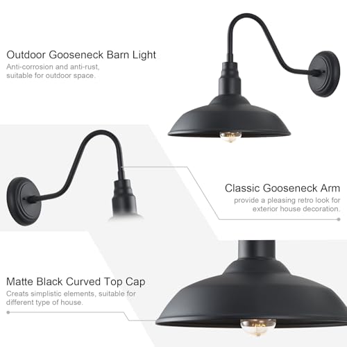 14in Outdoor Gooseneck Light Fixture for Porch (Matte Black / 14" Dome)