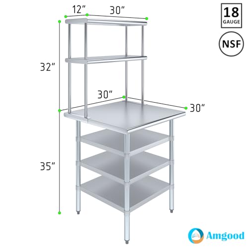 30" x 30" Stainless Steel Work Table with 3 Shelves and 12" Wide Double Tier Overshelf (30" x 30" Table with 3 Shelves + 12" Overshelf)