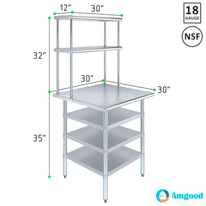 30" x 30" Stainless Steel Work Table with 3 Shelves and 12" Wide Double Tier Overshelf (30" x 30" Table with 3 Shelves + 12" Overshelf)