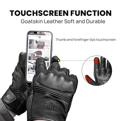 Goatskin Leather Motorcycle Motorbike Powersports Racing Gloves Touchscreen for Men and Women Model DN01 (Black Unperforated / Small)