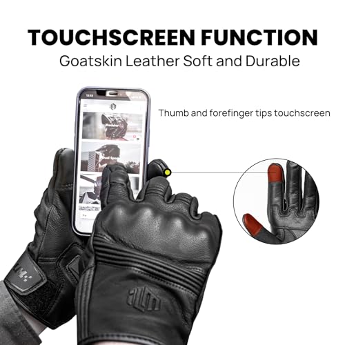Goatskin Leather Motorcycle Motorbike Powersports Racing Gloves Touchscreen for Men and Women Model DN01 (Black Unperforated / Medium)