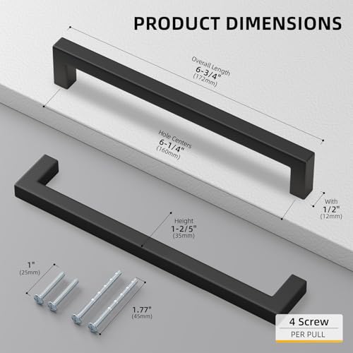 15 Pack 6-1/4 Inch Black Cabinet Handles Kitchen Drawer Pulls (Matte Black / 6-1/4 Inch Hole Centers)
