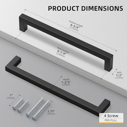 150 Pack 6-1/4 Inch Black Cabinet Handles Kitchen Drawer Pulls (Matte Black / 6-1/4 Inch Hole Centers)